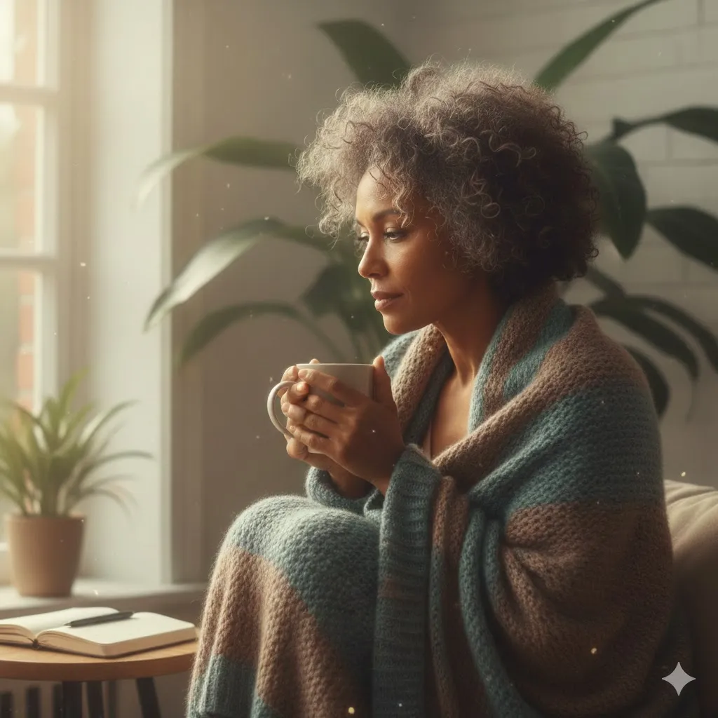 A woman siting in thought with tea