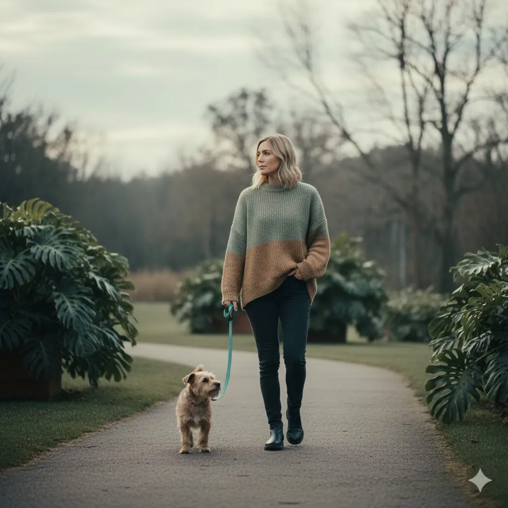 A woman walking her dog at the park