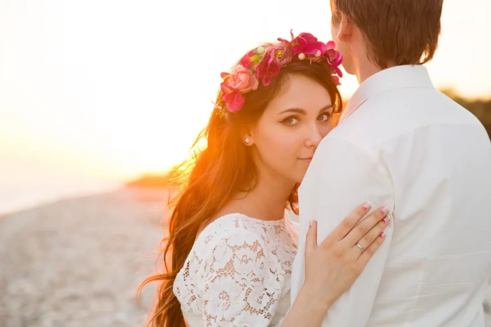 Beautiful bride looking at camera in a wedding setting