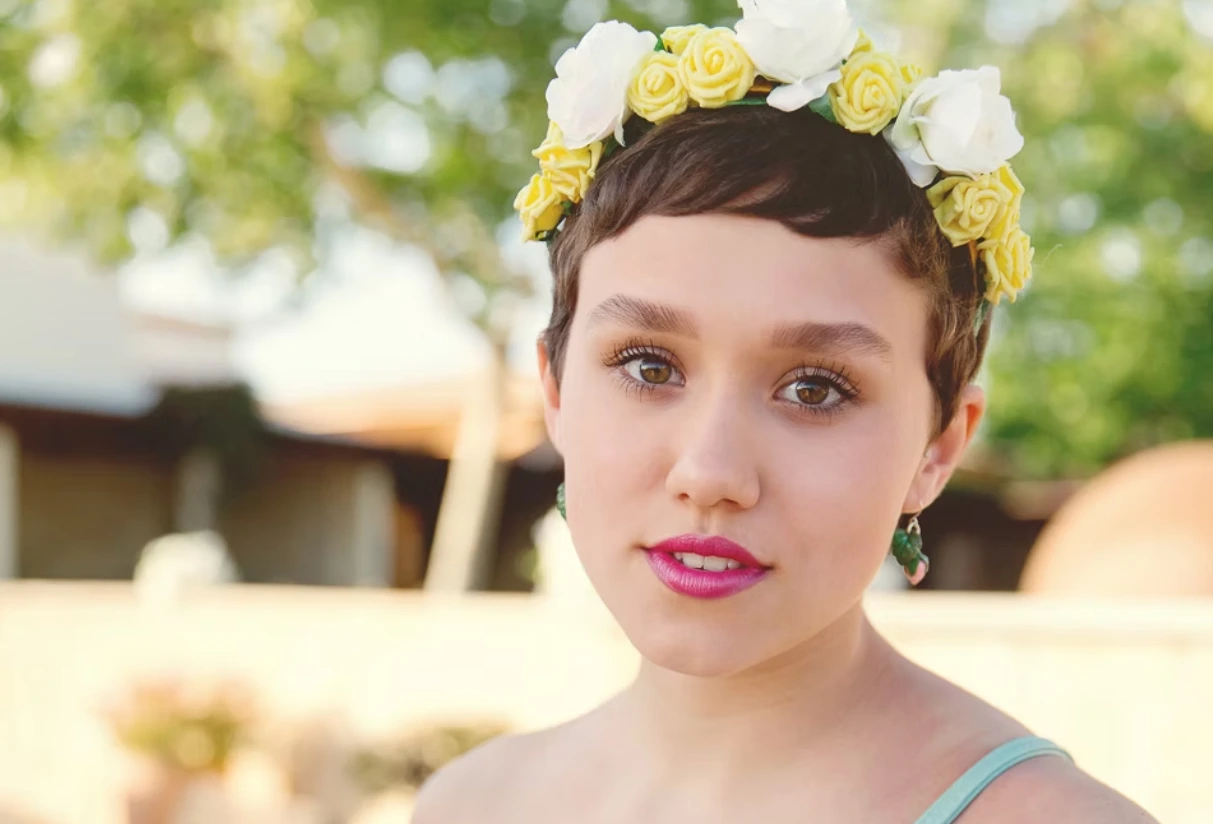 Beautiful bride makeup portrait with flowers in her hair